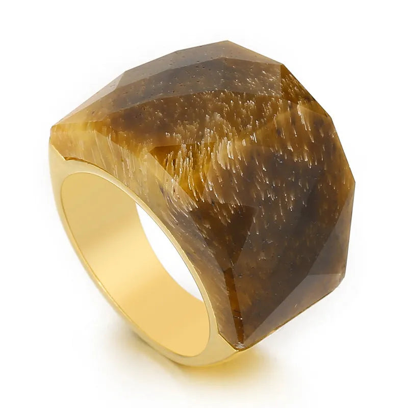 Women's geometric stainless steel natural stone ring with 17mm width in electroplated finish