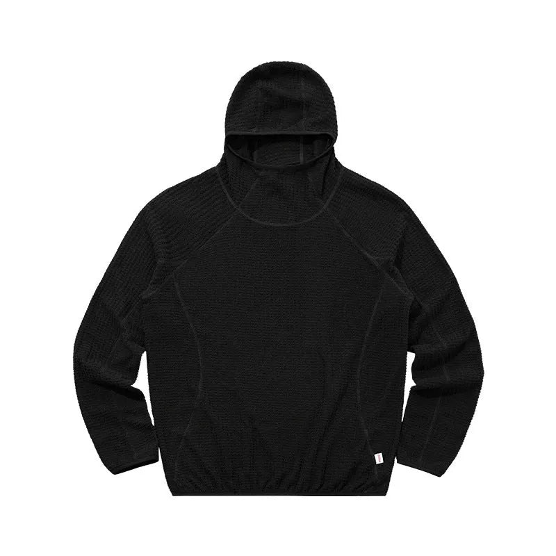 Men's loose fit polyester fibre hoodie in ink black with raglan sleeves and patch pocket