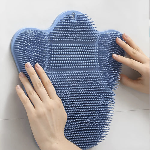 Blue silicone bath massage mat with long handle for back scrubbing.