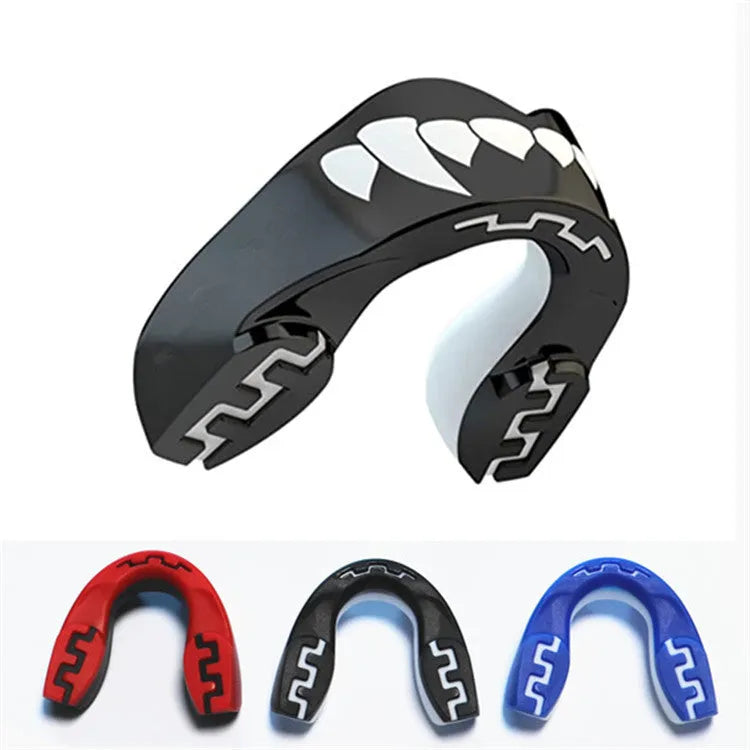 Adult boxing mouthguard with printed teeth design in choice of colours, shown with protective case.