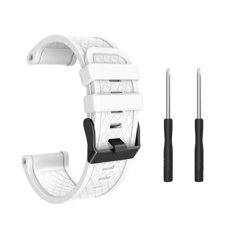 Black silicone Jiaming watch strap with stainless steel button showing 26mm width measurement
