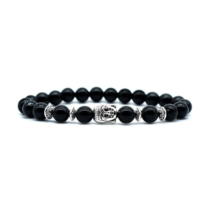 Handmade tiger eye Buddha head bracelet for men and women, 19mm diameter with detailed bead carving.