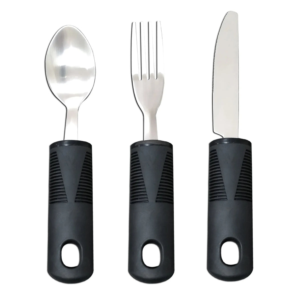 Stainless steel adaptive spoons with black rubber anti-shake handles, part of a rehabilitation cutlery set.