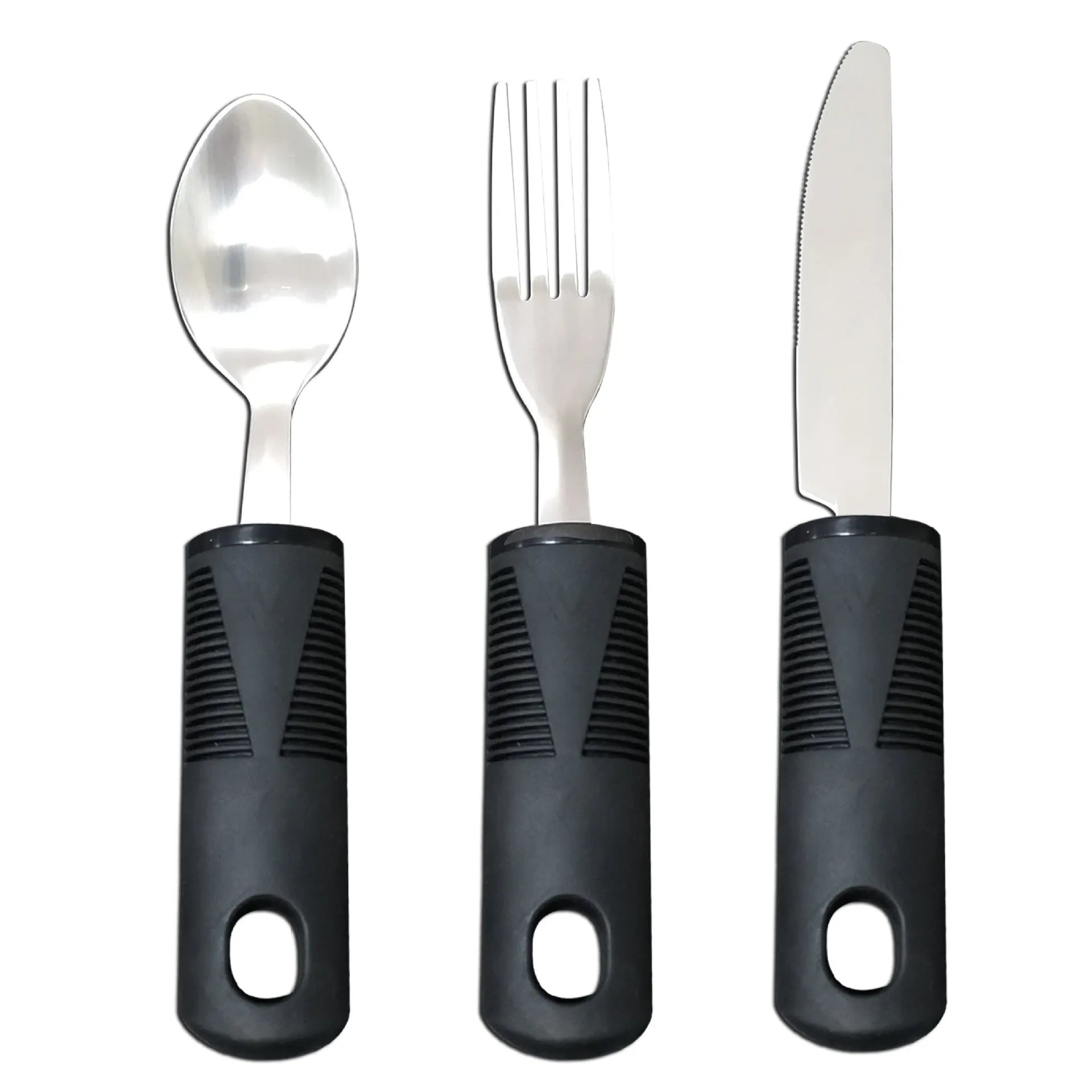Stainless steel adaptive spoons with black rubber anti-shake handles, part of a rehabilitation cutlery set.