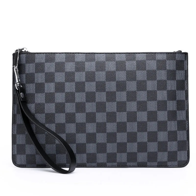 Men's black checkered PU leather clutch wallet open to show six card slots and a zipper pocket.