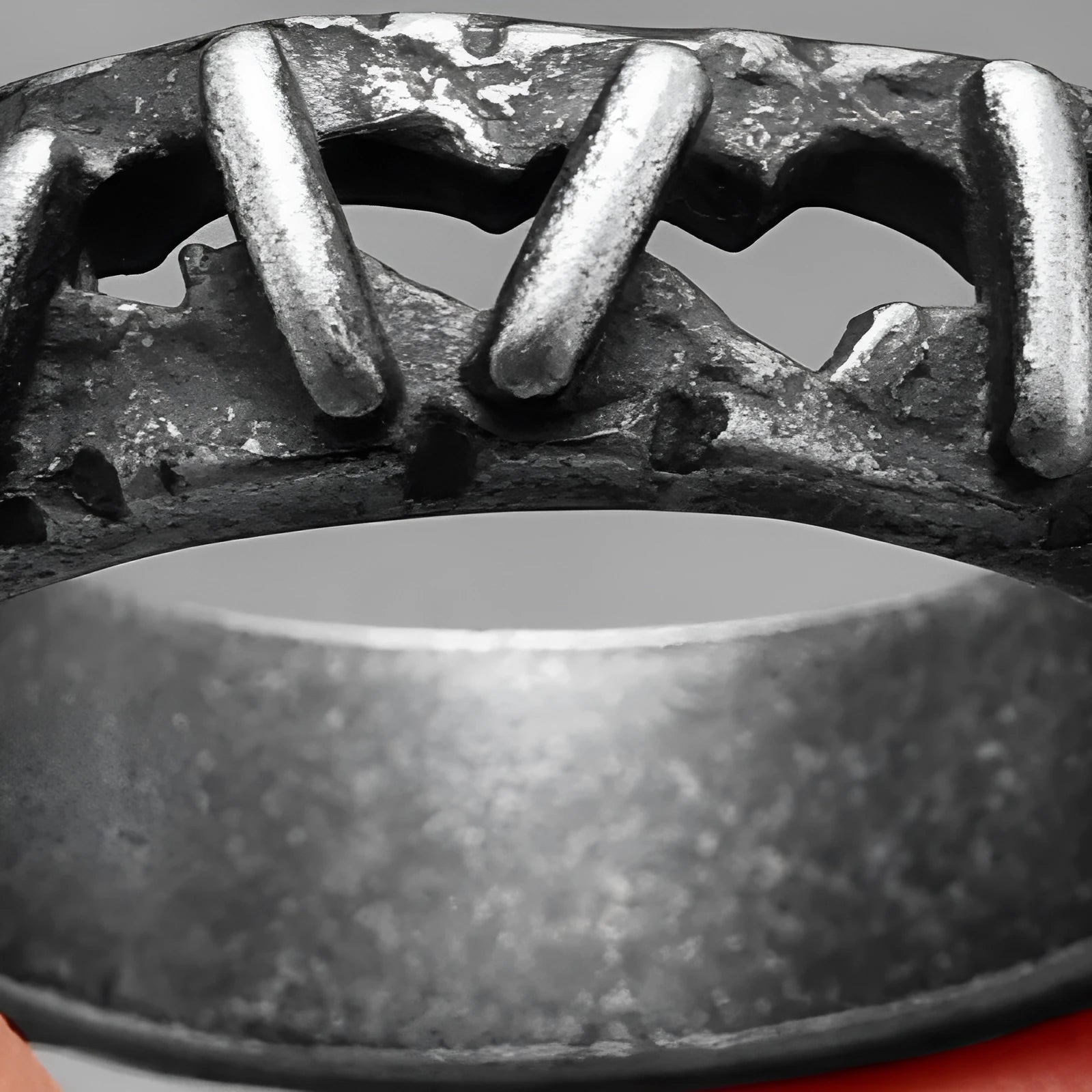 A stainless steel double ring with a dark punk stitching pattern design, shown on a finger.