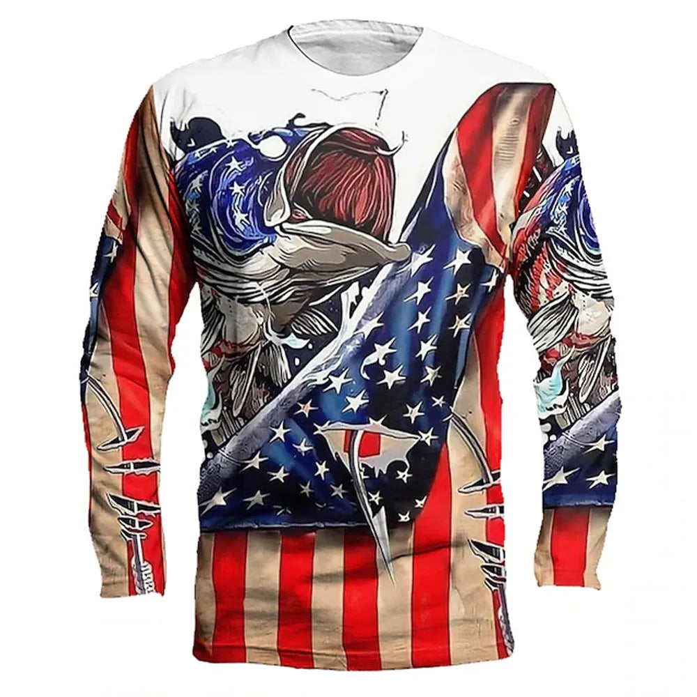 Men's grey pullover top with fish print design on front, round neck and long sleeves