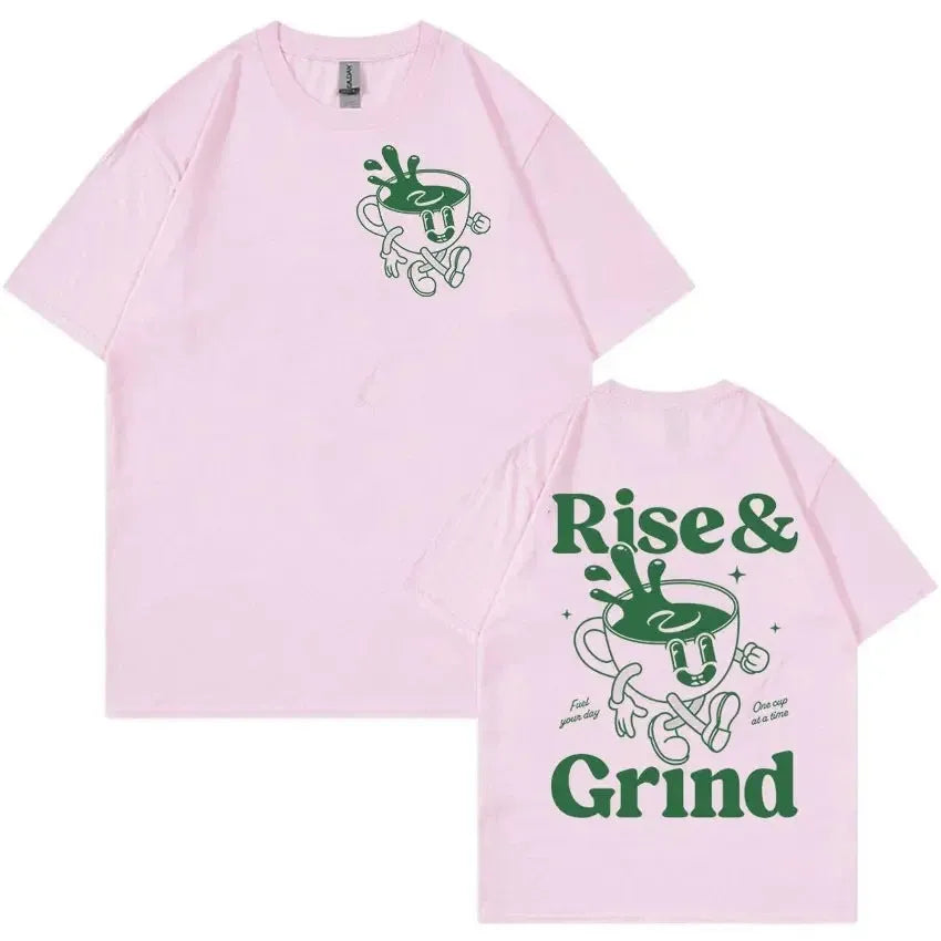 Man's loose fit linen t-shirt featuring a green 'Rise And Grind' coffee cartoon graphic print.