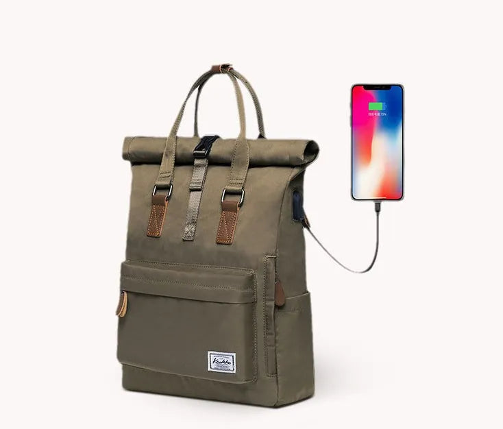 Black casual polyester backpack with cover opening, showing internal laptop sleeve and zipper pocket.