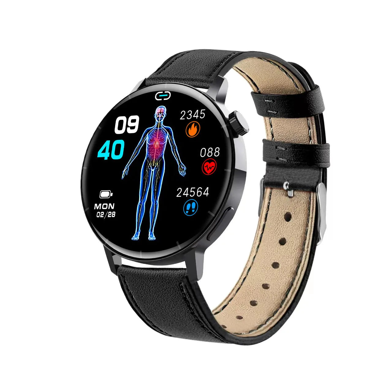 F67S smart watch with red light blood oxygen and glucose monitoring in black leather strap