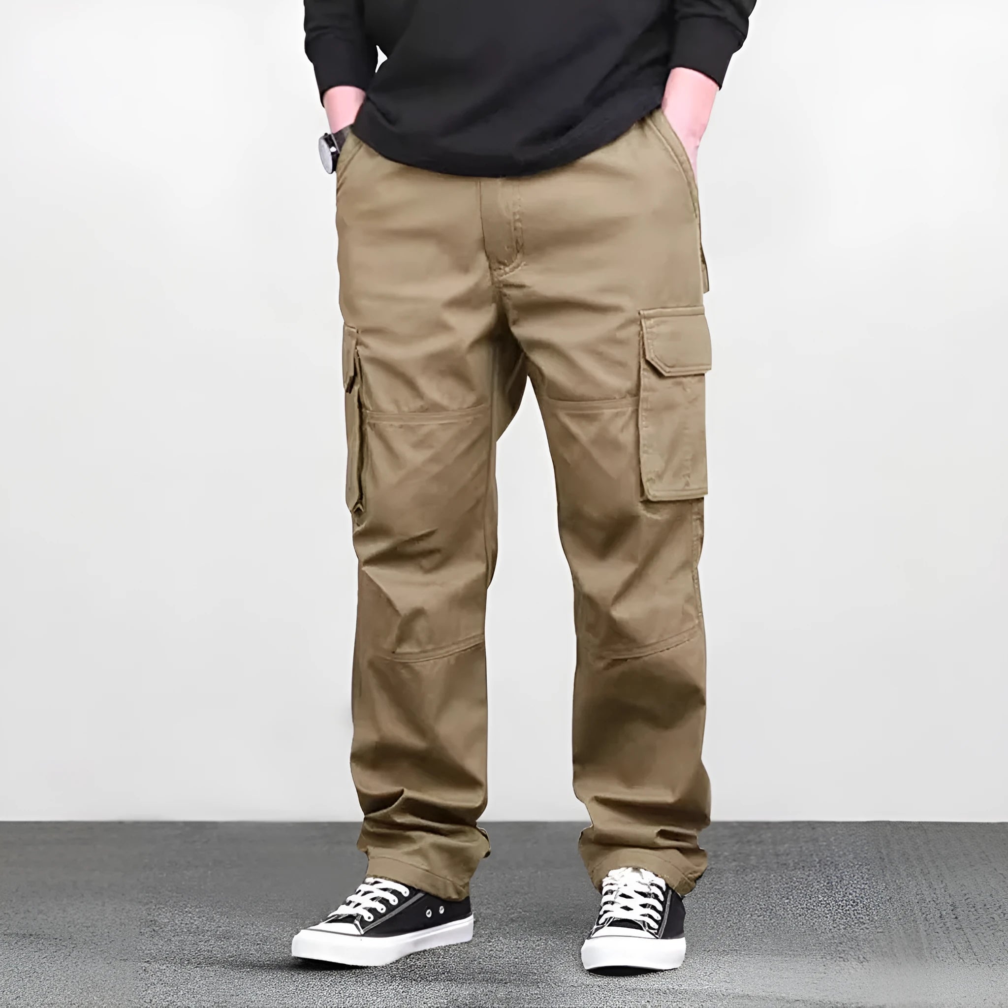 High waist loose straight leg trousers in khaki, bamboo fibre blend, with drawstring waist, women's casual spring autumn pants