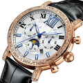 Men's automatic mechanical watch with hollow flywheel, night glow, lunar phase, and calendar on a brown leather strap