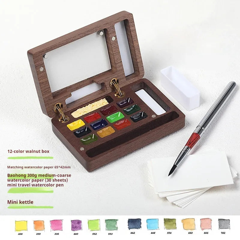 Mini wooden watercolour paint box with choice of pigment suit styles including Holbein and Schminke.