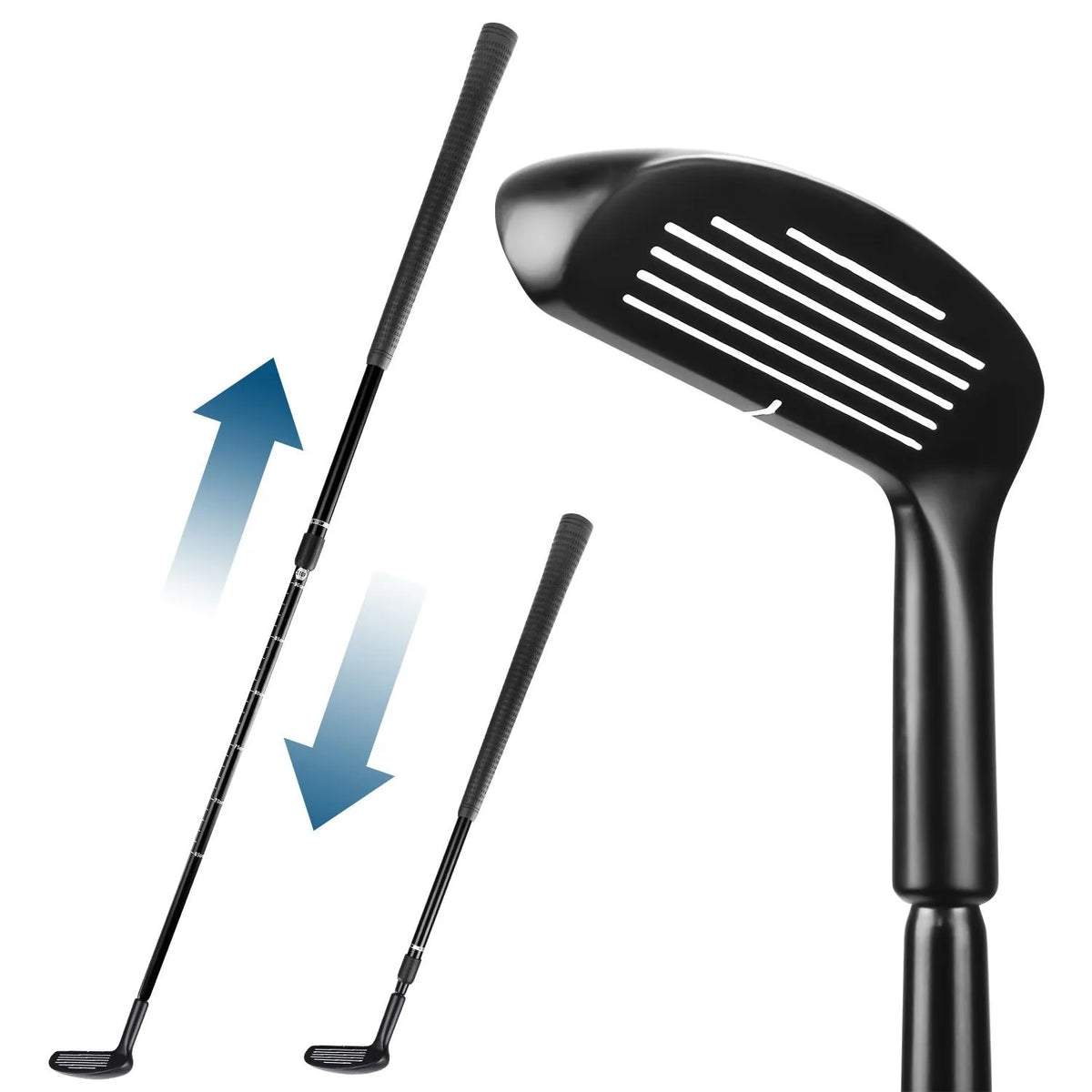 Black double sided zinc alloy telescopic golf club, 94cm long, 465g, for practice