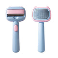 Blue and green double-sided pet grooming brush with deshedding rake and dematting comb on a white background.