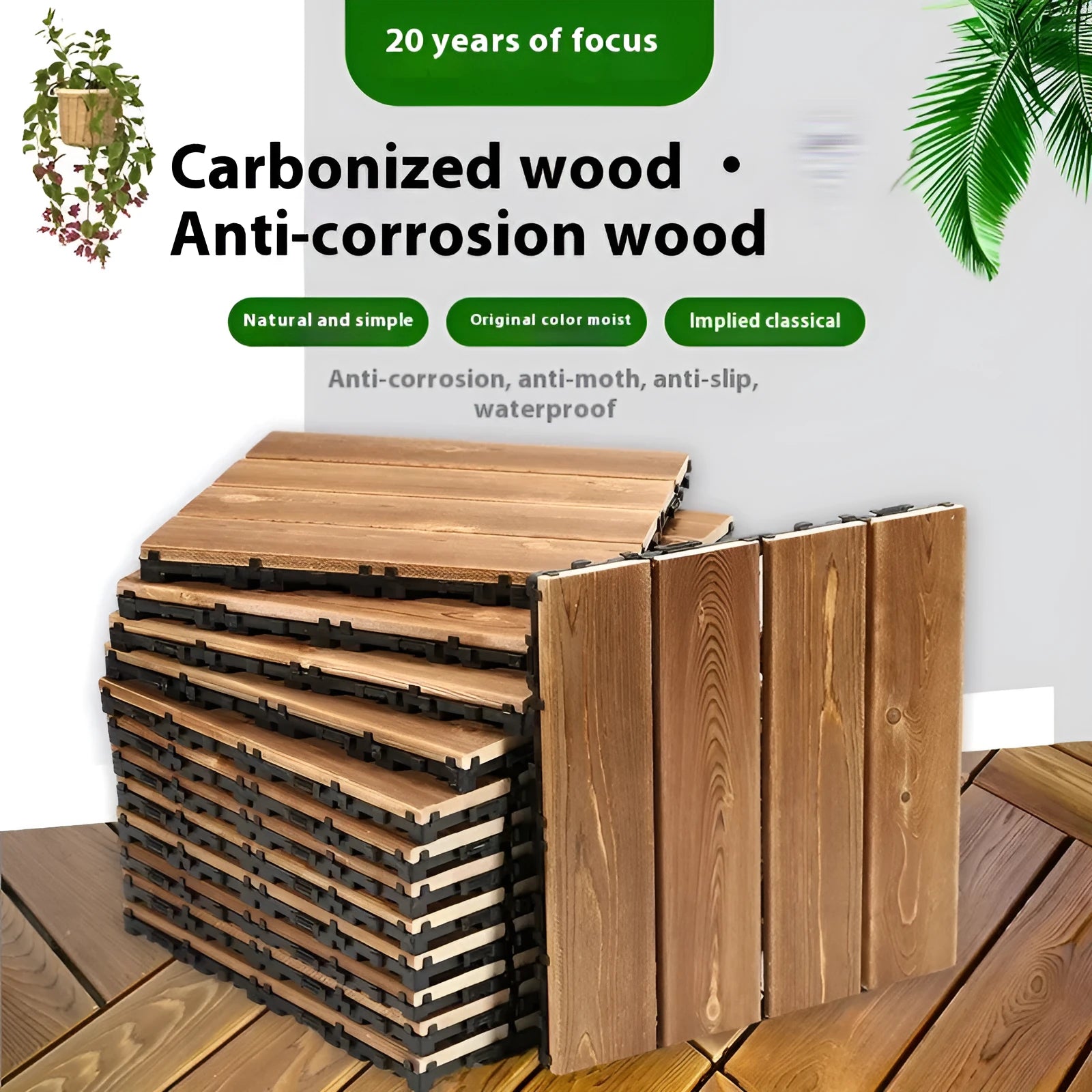 Square camphor pine floor panels with a brushed wood finish, shown in a 30x30cm size.