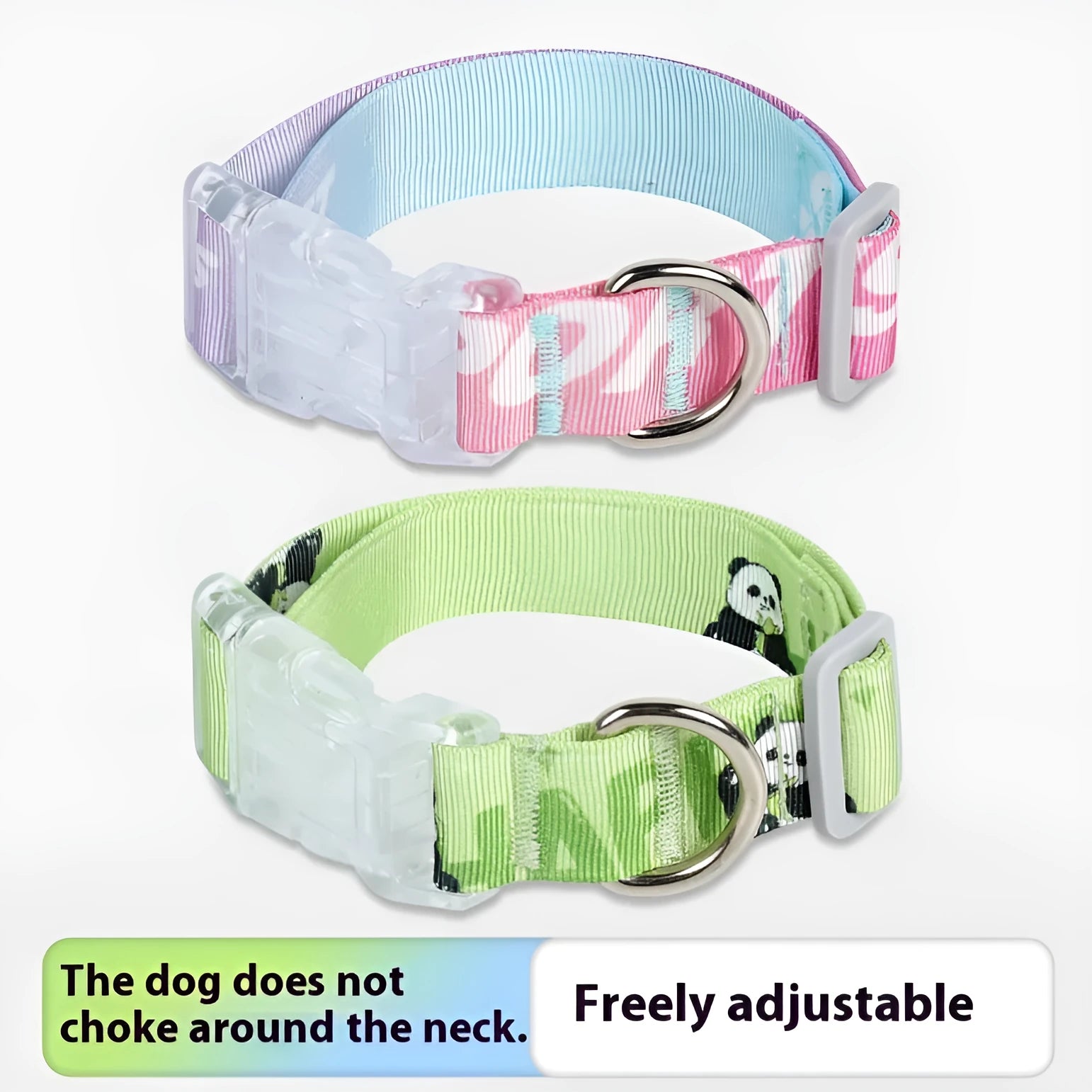 Adjustable nylon dog collar with blue to green gradient cartoon print and plastic buckle on a white background.