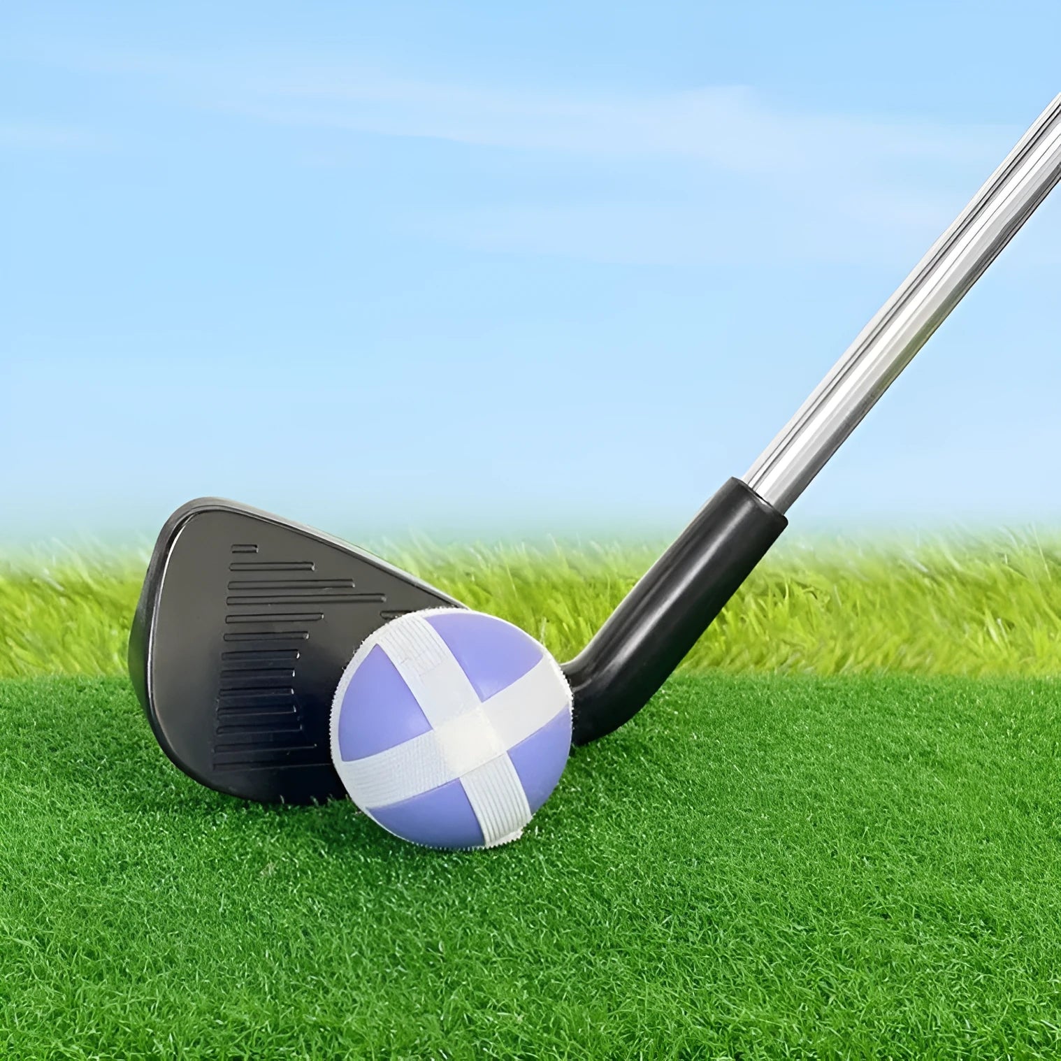Metal golf club set showing adult and children's size options for outdoor practice.