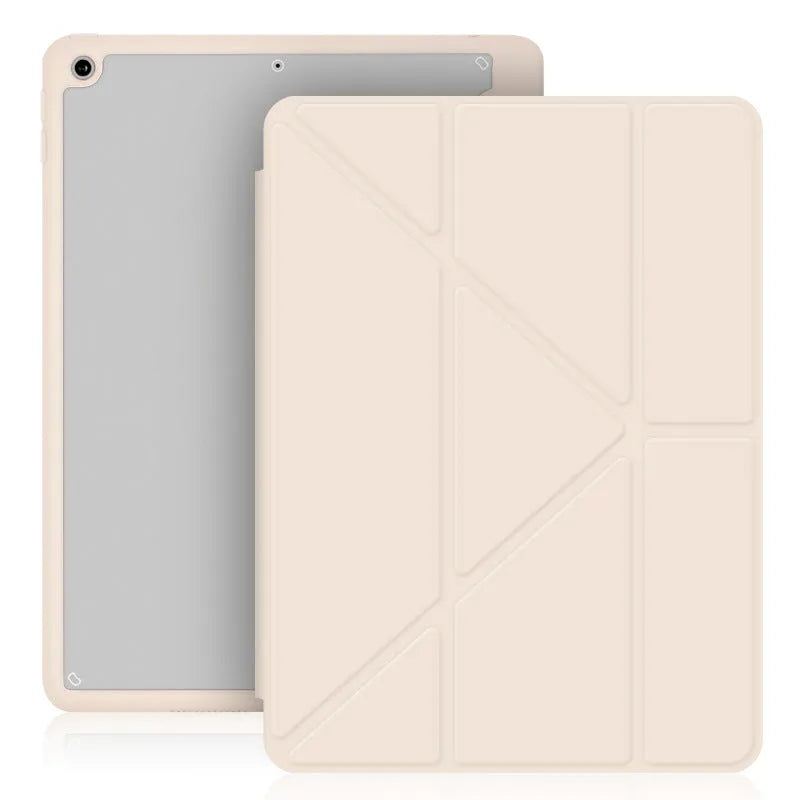 iPad foldable stand case in imitation leather with Y-fold design and Apple Pencil slot.