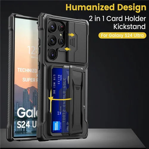 Black S24 Ultra phone case with card holder and sliding bracket