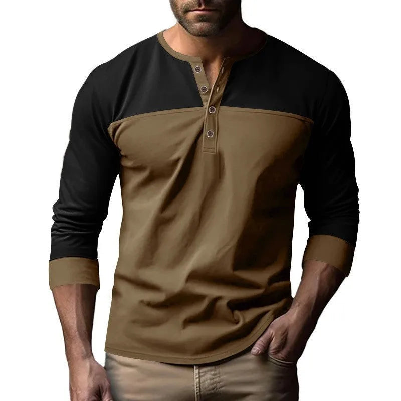Man wearing a long-sleeve henley collar casual shirt in a solid colour with textured beaded twill fabric.