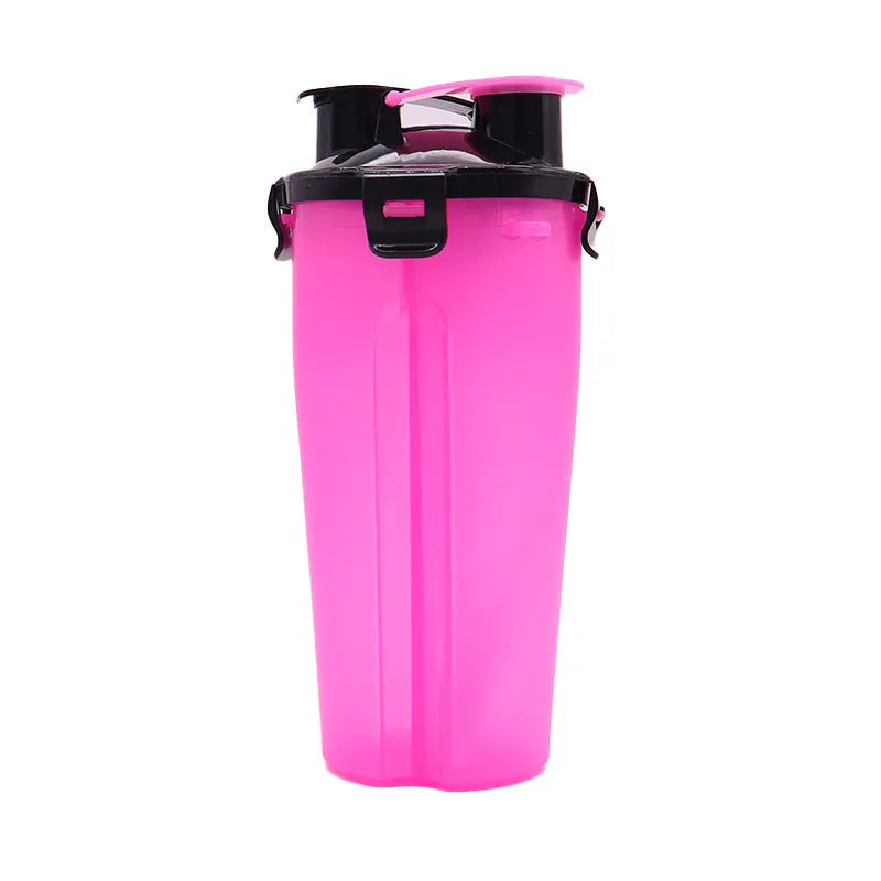 Portable pet water and food cup with two compartments showing water and food storage sections