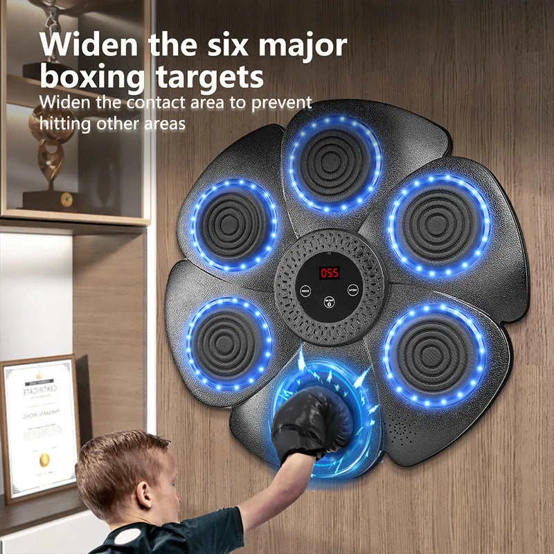 Black plastic smart boxing wall target with LED lights, half-finger glove, and charging cable on a white background.