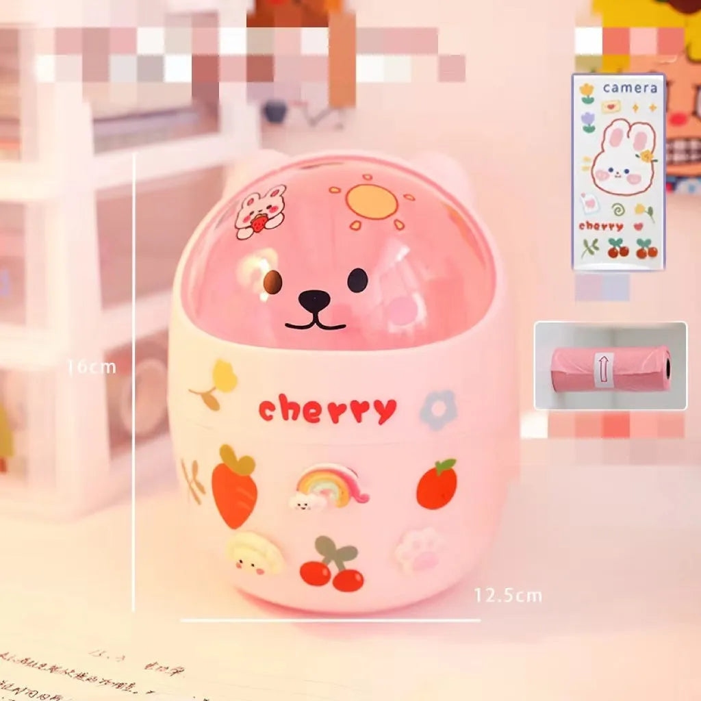 Plastic mini bear shaped desktop trash can with press-type lid in beige gray, includes stickers and garbage bags