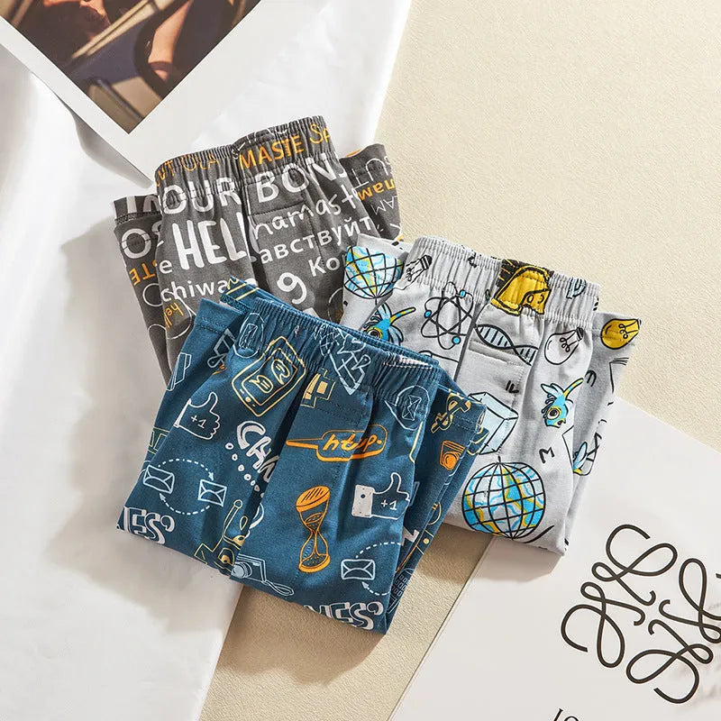 Men's cotton boxer shorts showing pattern options including Beast Carnival, floral, and space travel designs
