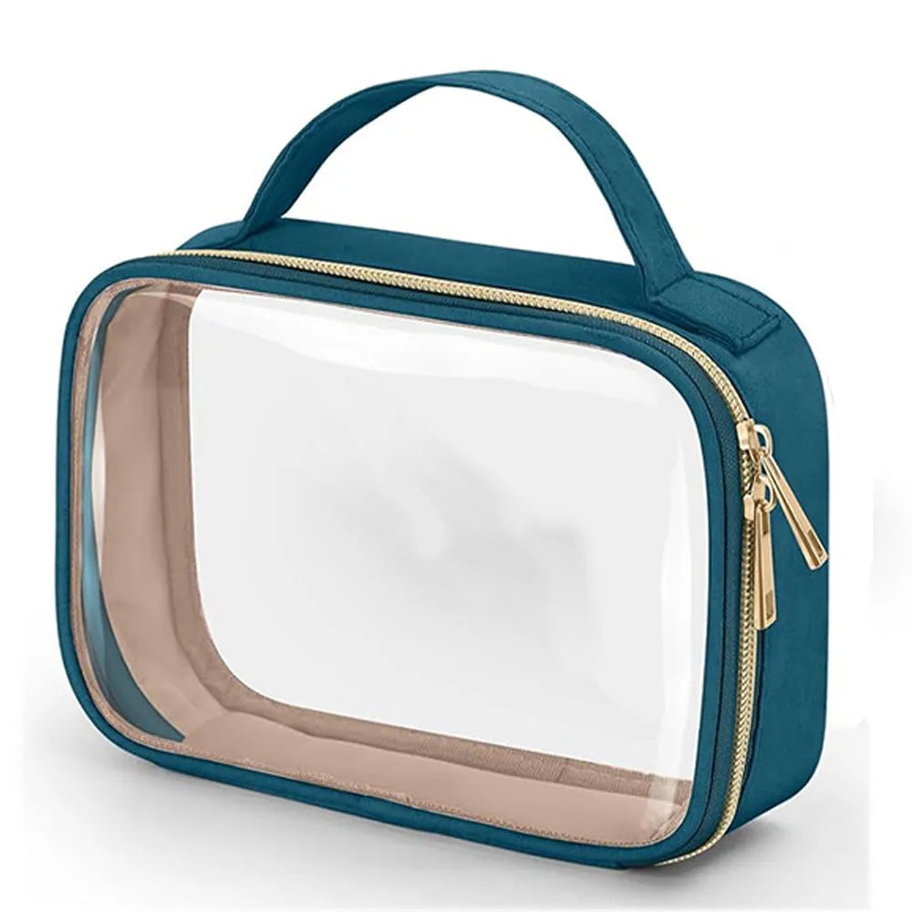 Transparent PVC makeup organiser bag with chain handle in assorted colours on a plain background.