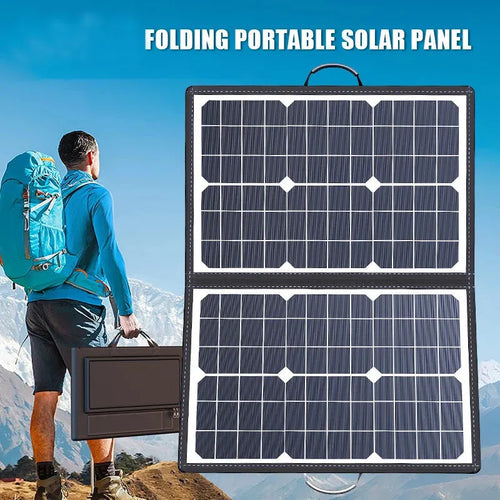 Black 40-watt single crystal solar panel folded inside its protective carry bag, showing compact size.