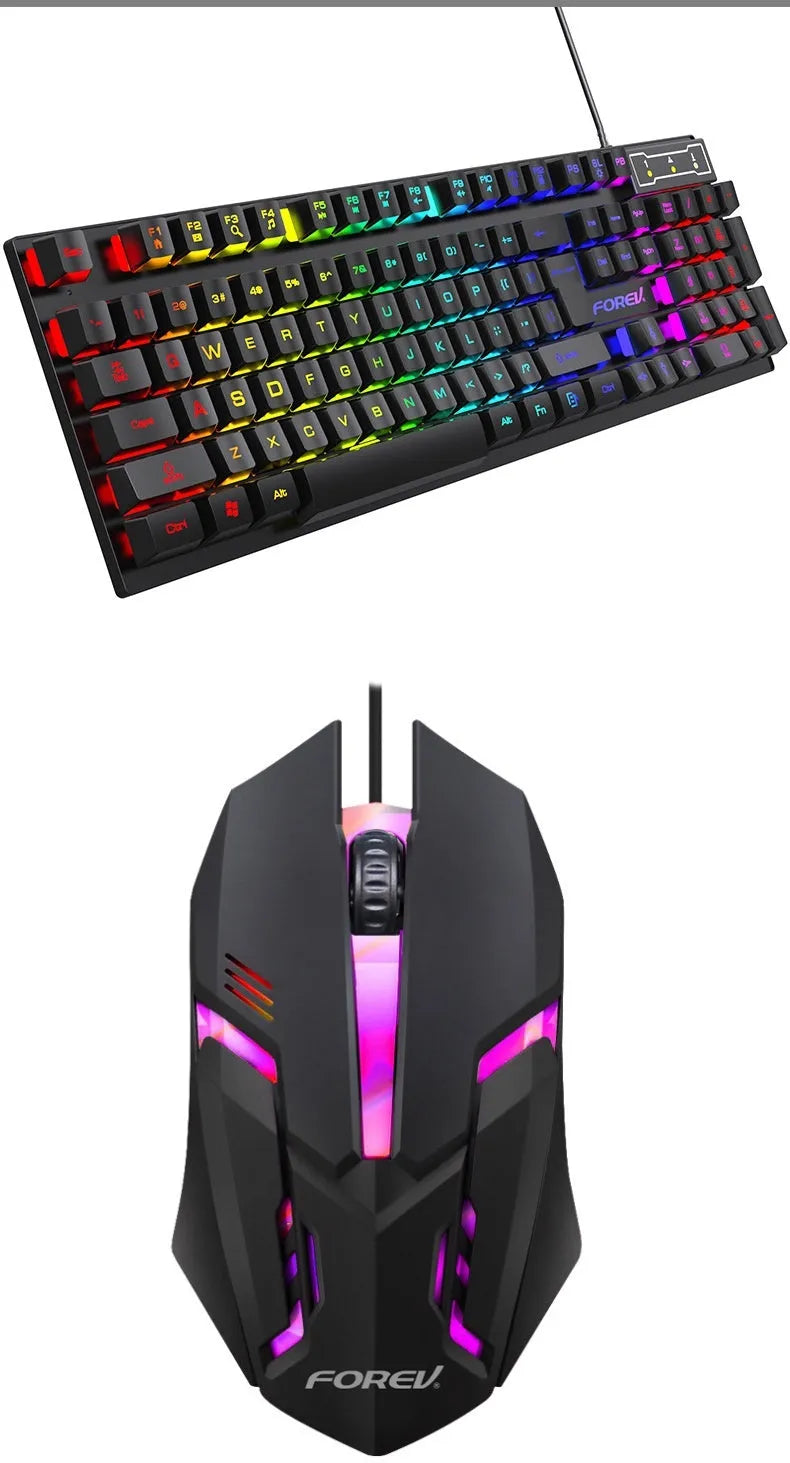 Black 104-key backlit gaming keyboard with mouse bundle on gaming desk
