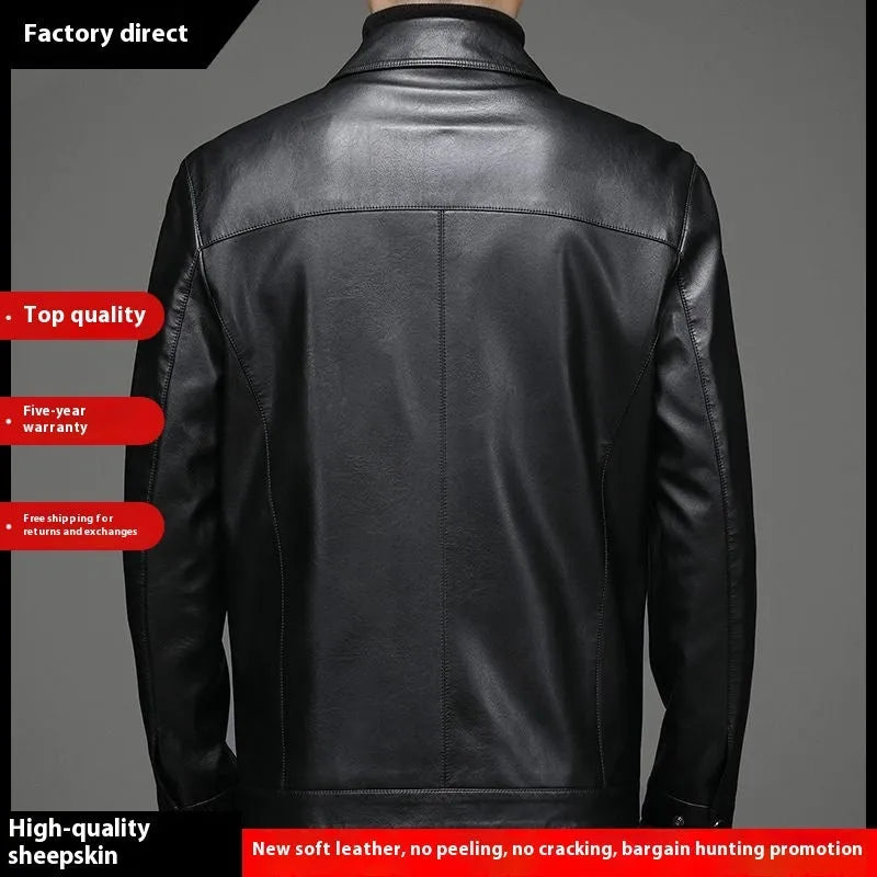 Genuine leather jacket with thin fleece lining in brown colour-block lapel design for men