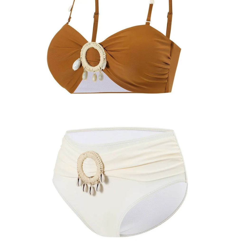Women's split bikini swimsuit with tassel detail, backless design, nylon and polyester fabric, sizes S to XL