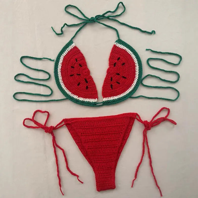 Handmade crocheted two-piece bikini in mixed colour with lace-up shoulder straps, free size adjustable fit