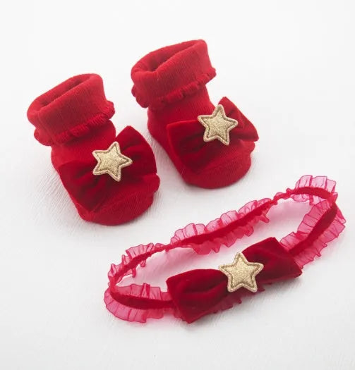 Baby headband socks set in beige regenerated cellulose fibre with medium tube socks and boneless sewing headband