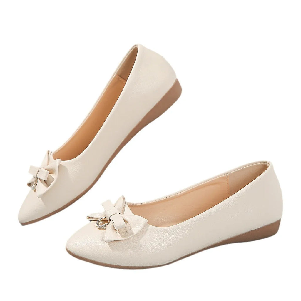 Women's beige casual loafers with bowknot detail and shallow mouth slip-on design