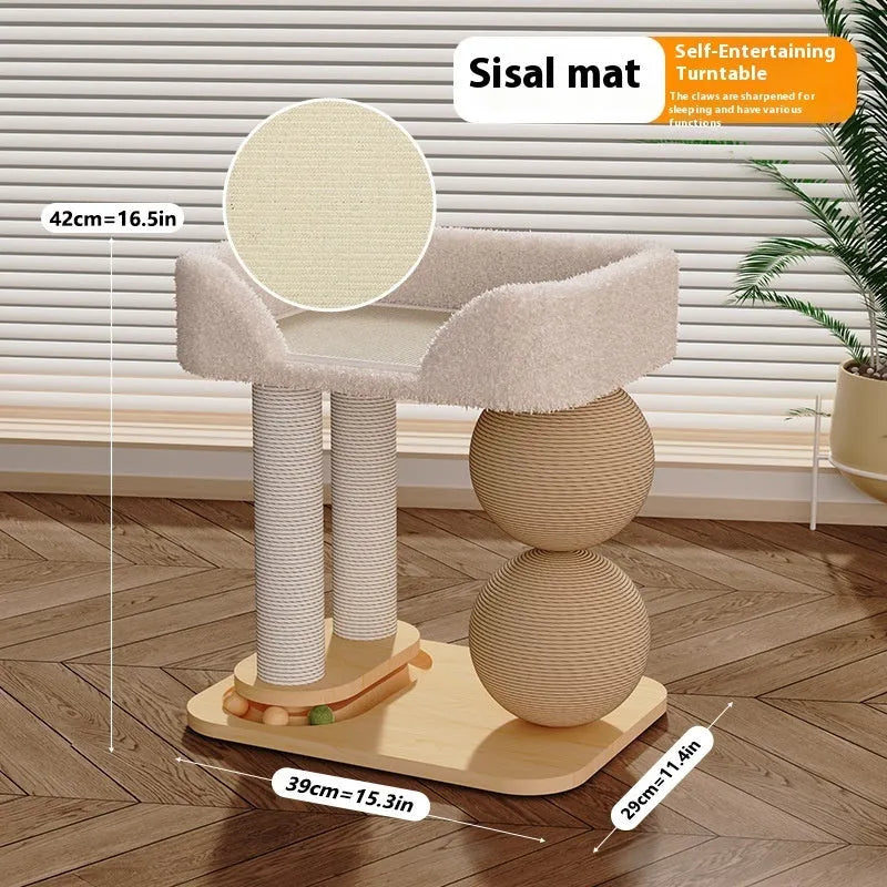 Solid pine wooden cat nest with two sisal scratching posts and a raised sleeping platform