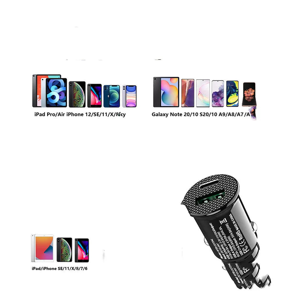 Black mini 30W car charger with PD QC3.0 and USB port, LED indicator, for 12V socket