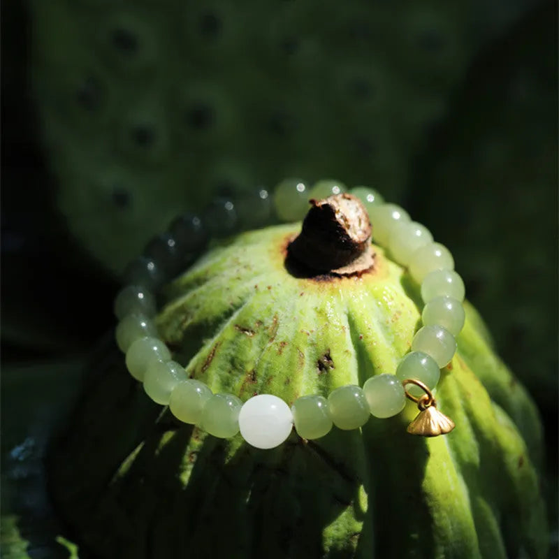 Green Hetian Jade bracelet with vintage beads, ethnic style adjustable jewellery for women