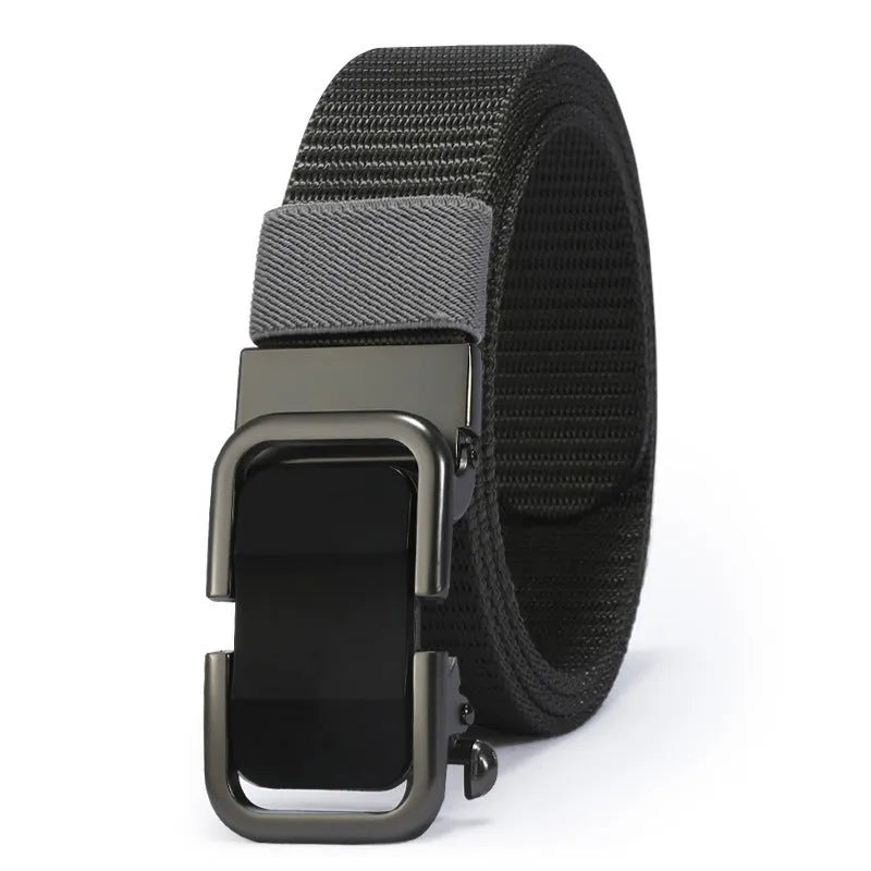 Men's toothless nylon canvas belt with alloy buckle showing adjustment mechanism