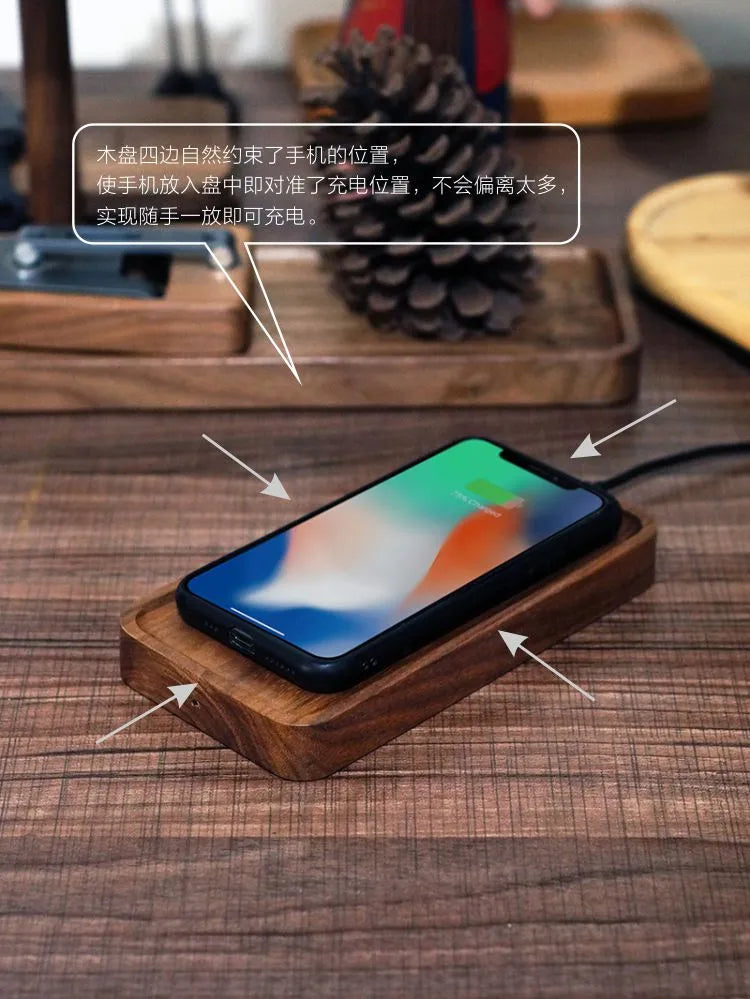 Black walnut wooden tray wireless charger with 15W fast charge, 6mm sensing distance and cable outlet options