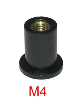 Set of black rubber brass expansion well nut fasteners for motorcycle windshield mounting