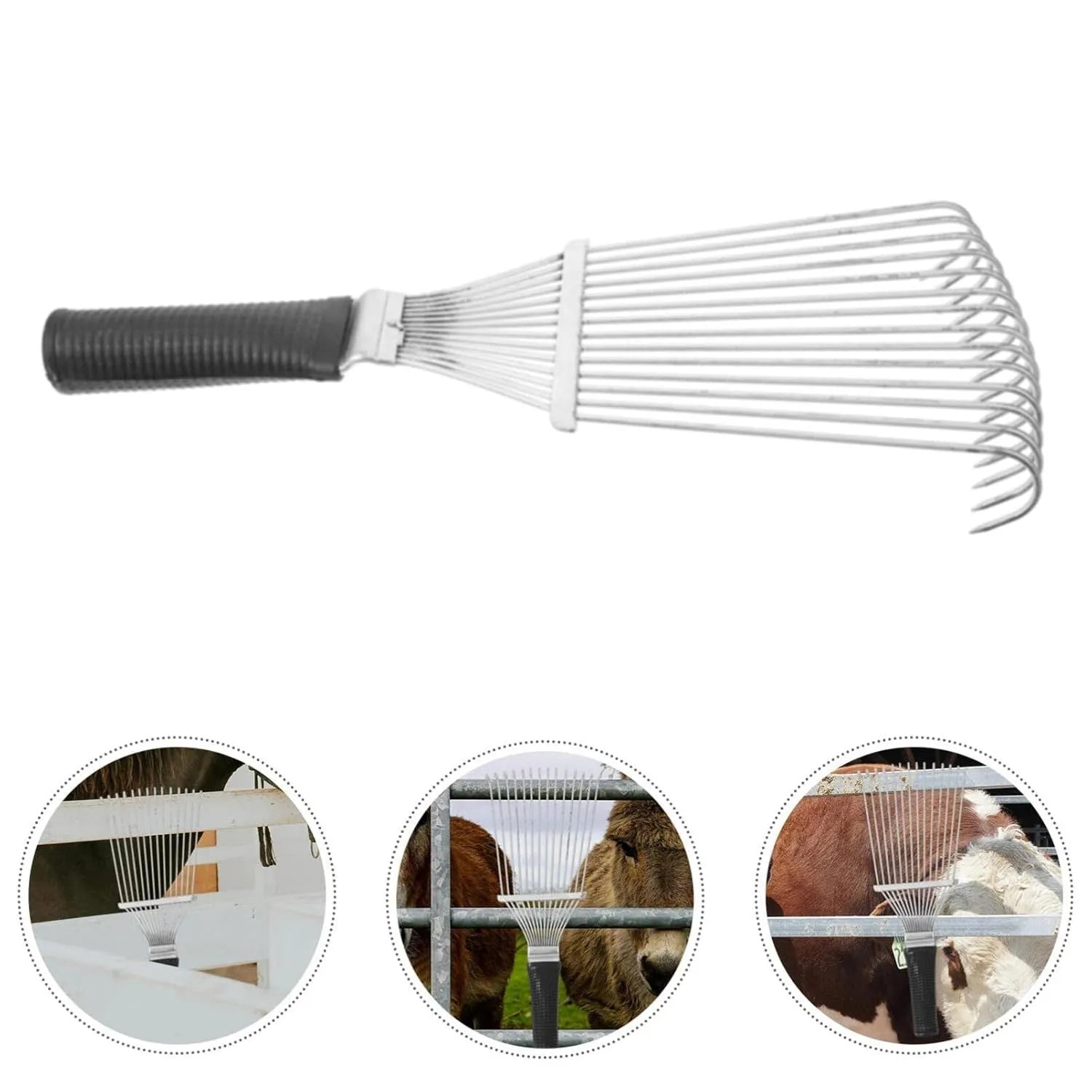 Stainless steel dematting brush and grooming rake for horses and pets on a wooden surface.