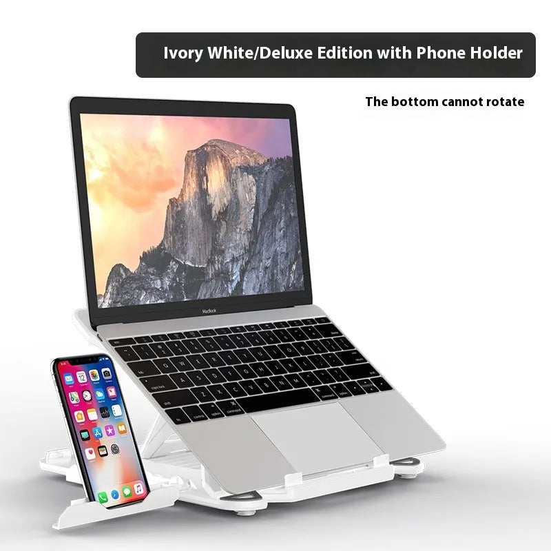 Black ABS plastic laptop cooling bracket with integrated strap phone holder on a desk.