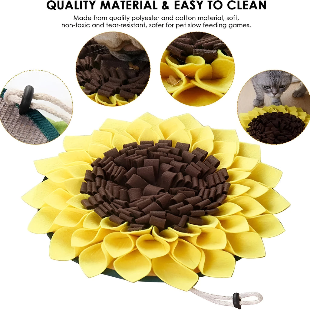 Yellow sunflower-shaped dog snuffle mat with fleece surface and a rope for hanging