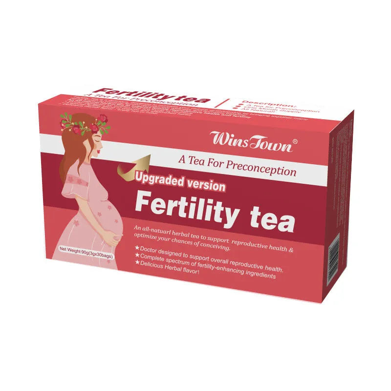 Box of fertility tea containing 90 individual tea bags organised into three units of 30 bags each