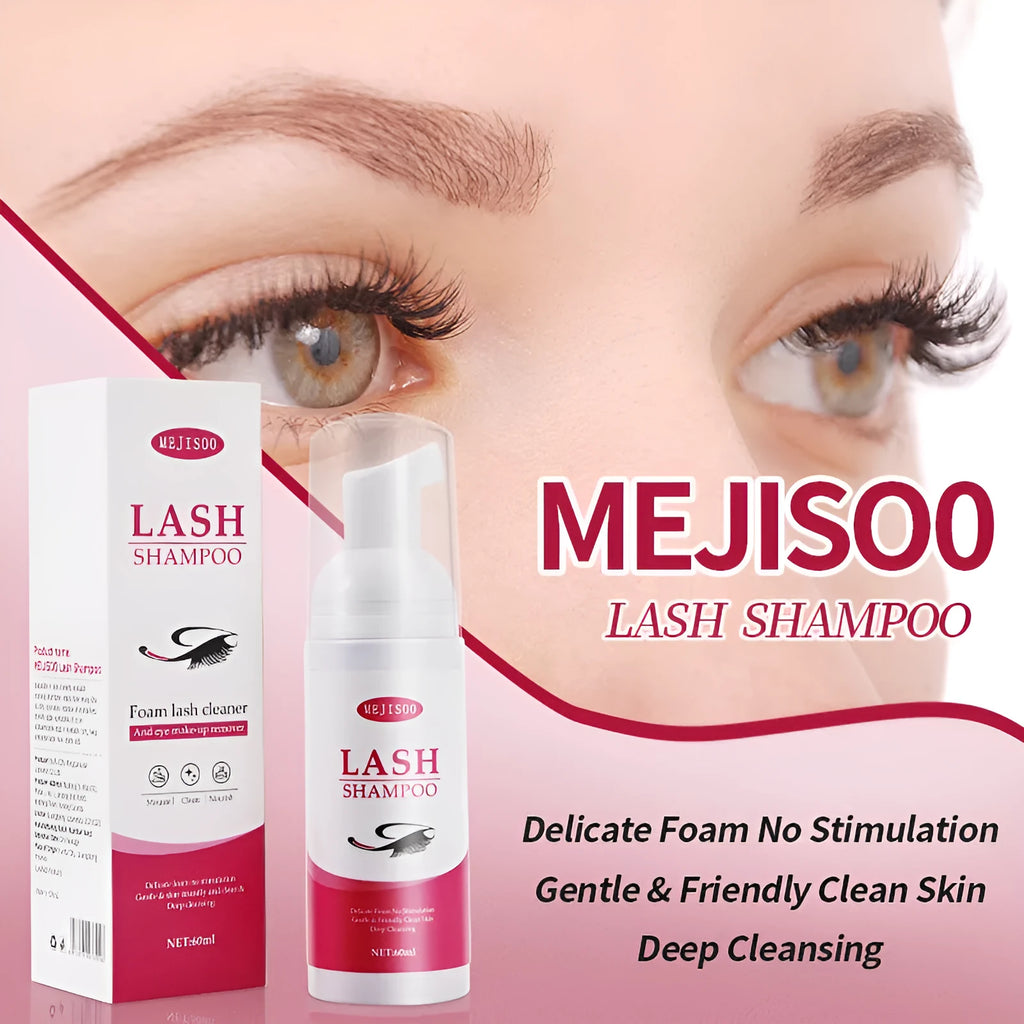 60ml bottle of Lash Shampoo Mousse eyelash cleaning solution on a beauty background.