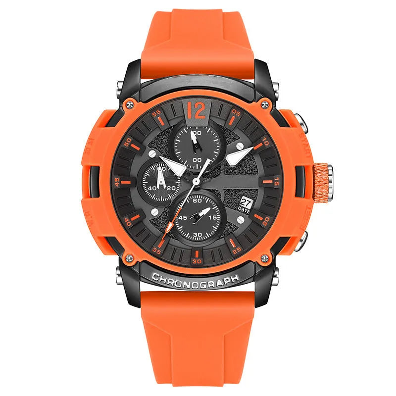 Men's black waterproof quartz watch with 51mm case showing calendar display and night light function
