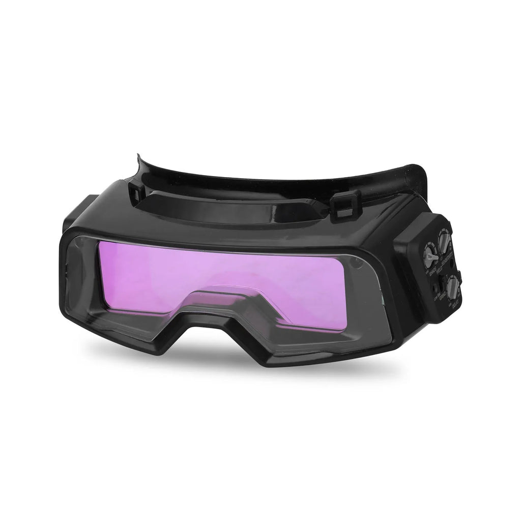 Black automatic darkening welding mask showing the large rectangular viewing lens.